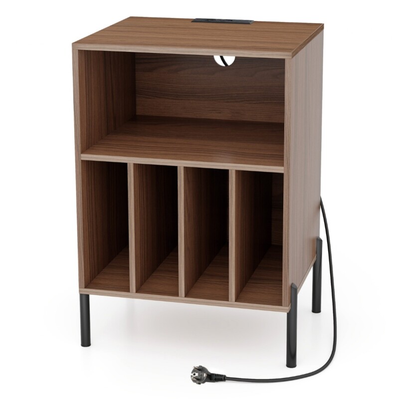 Costway Βάση Πικάπ με Σταθμό Φόρτισης & Ράφι & 4 Διαχωριστικά για Δίσκους Βινυλίου Καφέ JV12882DE-WT