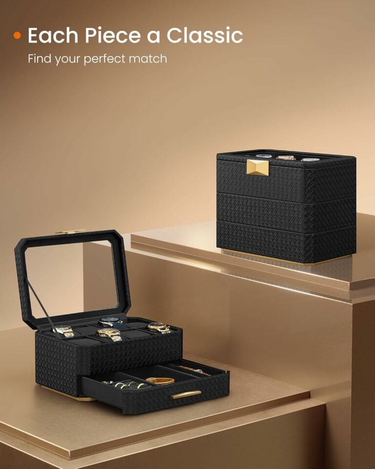 Κουτί Ρολογιών 8 Θέσεων 3 Επίπεδα 16.3 x 27.3 x 20.5 cm Μαύρο JWB021B01 Songmics - Image 3