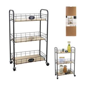 Μεταλλικό Τρόλεϊ Κουζίνας με 3 Ξύλινα Ράφια 48 x 79.2 x 23 cm Home Deco Factory KA3260 - Image 3