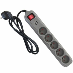 Πολύπριζο με 5 Υποδοχές + 2 Θύρες USB & Καλώδιο 1