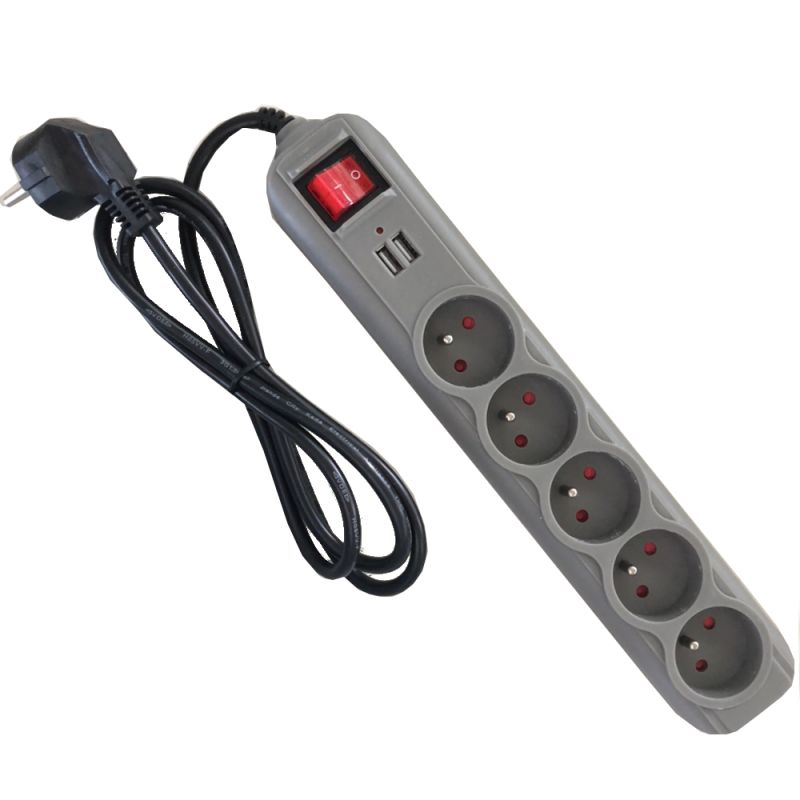 Πολύπριζο με 5 Υποδοχές + 2 Θύρες USB & Καλώδιο 1