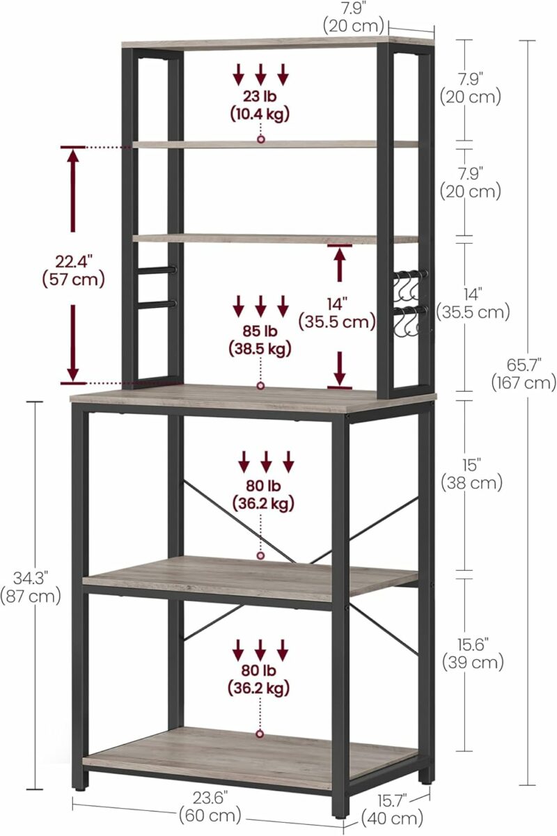 Ραφιέρα Κουζίνας με 6 Ράφια και 6 Γάντζους 40 x 60 x 167cm– Greige / Μαύρο KKS024B02 VASAGLE - Image 3
