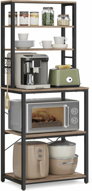 Ραφιέρα Κουζίνας με 6 Ράφια και 6 Γάντζους 40 x 60 x 167cm– Greige / Μαύρο KKS024B02 VASAGLE