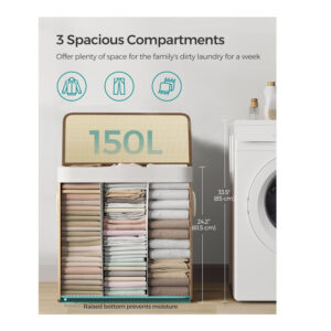 Πτυσσόμενο Καλάθι Απλύτων από Μπαμπού με 3 Χώρους 150 Lt Χρώματος Καφέ Ανοιχτό Songmics LCB091N01 - Image 2