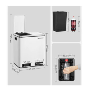 Μεταλλικός Διπλός Κάδος Απορριμμάτων από Ατσάλι με 2 Πεντάλ και Σύστημα Soft-Close 30 Lt Χρώματος Λευκό Songmics LTB30WT - Image 5