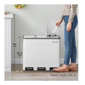 Μεταλλικός Τριπλός Κάδος Απορριμμάτων από Ανοξείδωτο Ατσάλι με 3 Πεντάλ και Σύστημα Soft-Close 54 Lt Χρώματος Λευκό Songmics LTB54WT - Image 4