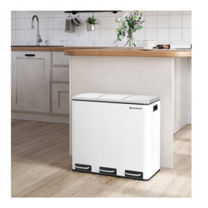 Μεταλλικός Τριπλός Κάδος Απορριμμάτων από Ανοξείδωτο Ατσάλι με 3 Πεντάλ και Σύστημα Soft-Close 54 Lt Χρώματος Λευκό Songmics LTB54WT - Image 5