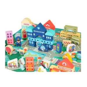 Σετ Ξύλινα Εκπαιδευτικά Παιδικά Τουβλάκια με Χαλάκι Πόλη 121 τμχ Ecotoys MA427 - Image 3