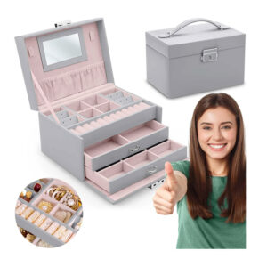 Κοσμηματοθήκη - Μπιζουτιέρα 18.6 x 14.8 x 11 cm Χρώματος Γκρι Massido MS-700-Grey - Image 3