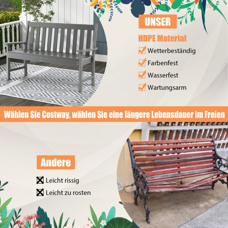 Costway  Γκρι Πάγκος Κήπου από HDPE για 2-3 άτομα 132 x 65 x 91 εκ. NP10895GR - Image 5