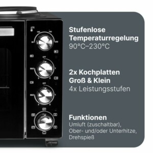 Πολυλειτουργική Κουζίνα με Φούρνο, Περιστρεφόμενη Σούβλα και 2 Εστίες – Μαύρο PC-KK1302-Black Proficare - Image 4