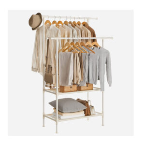 Διπλή Μεταλλική Κρεμάστρα Ρούχων Δαπέδου με 2 Υφασμάτινα Ράφια 114 x 45 x 171 cm Χρώματος Λευκό Songmics RDR02WT - Image 3