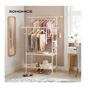 Διπλή Μεταλλική Κρεμάστρα Ρούχων Δαπέδου με 2 Υφασμάτινα Ράφια 114 x 45 x 171 cm Χρώματος Λευκό Songmics RDR02WT - Image 4