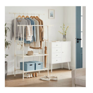 Διπλή Μεταλλική Κρεμάστρα Ρούχων Δαπέδου με 2 Υφασμάτινα Ράφια 114 x 45 x 171 cm Χρώματος Λευκό Songmics RDR02WT - Image 5