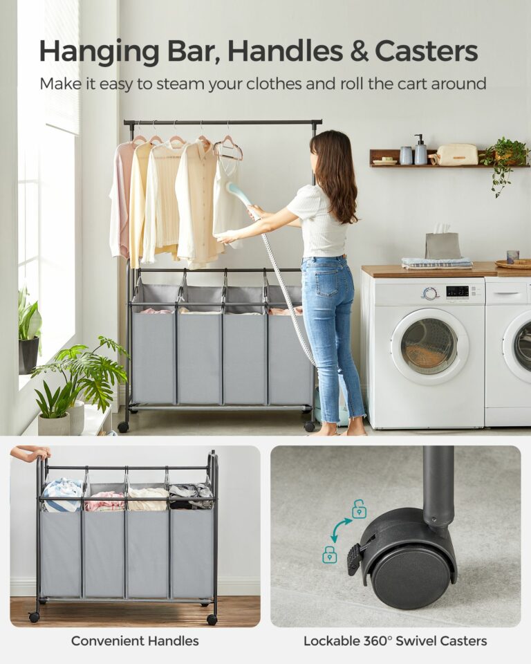 Τετράθεσιο Καλάθι Απλύτων με Ρόδες και Κρεμάστρα SONGMICS, 4 x 13.2 Gal., Γκρι  - Image 5