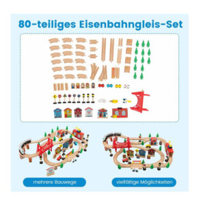 Παιδικό Ξύλινο Τραπέζι Διπλής Όψης με Σιδηρόδρομο 80 τμχ 82.5 x 60 x 40 cm Costway TM10052 - Image 5