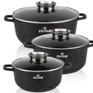 Σετ Μαγειρικά Σκεύη 3 τεμάχια με Γυάλινα Καπάκια - Μαύρο ZILNER ZL-7020