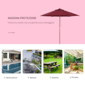 Outsunny Ξύλινη Ομπρέλα, μπορντό, Φ2,5μ 01-0583 - Image 4