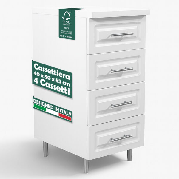 Shally Dogan Λευκή Ξύλινη Συρταριέρα για την Κουζίνα με Μοντέρνο Σχεδιασμό Boiserie με 4 Συρτάρια 02001649