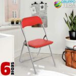 BAKAJI  Σετ 6 Καρέκλες Επενδυμένες Πτυσσόμενες Χρώμα Κόκκινο Δομή Ασημί Μεταλλική Καρέκλα  02829361 - Image 4