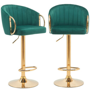 BAKAJI  Σετ 2 Σκαμπό Κουζίνας Ρυθμιζόμενου Ύψους σε Πράσινο Βελούδο και Χρυσή Δομή  02840769