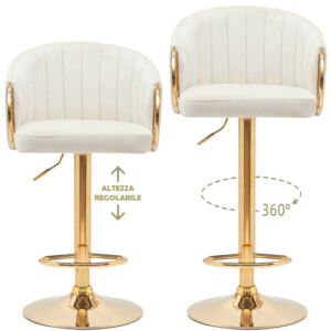 BAKAJI  Σετ 2 Σκαμπό Κουζίνας Ρυθμιζόμενου Ύψους σε Βελούδο Κρέμα και Χρυσή Δομή  02840770 - Image 2