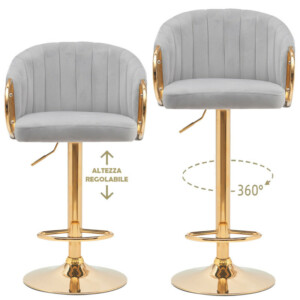 BAKAJI  Σετ 2 Σκαμπό Κουζίνας Ρυθμιζόμενου Ύψους σε Γκρι Βελούδο και Χρυσή Δομή  02840771 - Image 2