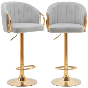 BAKAJI  Σετ 2 Σκαμπό Κουζίνας Ρυθμιζόμενου Ύψους σε Γκρι Βελούδο και Χρυσή Δομή  02840771