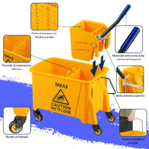 BAKAJI Επαγγελματικό Καρότσι Καθαρισμού με Κάδο 20 Λίτρων και Ρόδες και Χωριστικό Πάνελ (63 x 27 x 67 εκ) 02842625 - Image 2