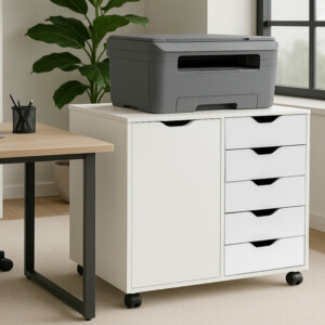 BAKAJI Φορητό Έπιπλο Γραφείου για Εκτυπωτή με Συρταριέρα 5 Συρταριών και Πόρτα Λευκό 02842789 - Image 3
