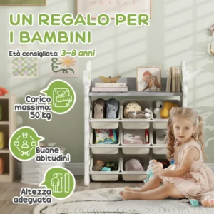 AIYAPLAY  Ράφι Αποθήκευσης Παιχνιδιών 4 Επιπέδων με 9 Κάδους και Πλευρικό Γάντζο, από HDPE, 77x42x94 εκ., Κρεμ Λευκό  311-087V00CW - Image 4