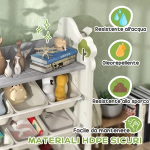 AIYAPLAY  Ράφι Αποθήκευσης Παιχνιδιών 4 Επιπέδων με 9 Κάδους και Πλευρικό Γάντζο, από HDPE, 77x42x94 εκ., Κρεμ Λευκό  311-087V00CW - Image 5