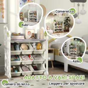 AIYAPLAY  Ράφι Αποθήκευσης Παιχνιδιών 4 Επιπέδων με 9 Κάδους και Πλευρικό Γάντζο, από HDPE, 77x42x94 εκ., Κρεμ Λευκό  311-087V00CW - Image 6