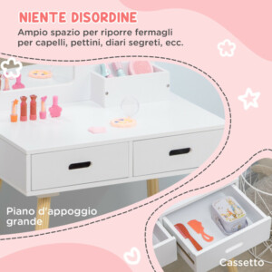 ZONEKIZ  Σετ Τουαλέτας για Παιδιά με Τραπέζι Μακιγιάζ και Σκαμπό, Καθρέφτη και 2 Συρτάρια, Λευκό και Ξύλινο Χρώμα  316-005V00WT - Image 4