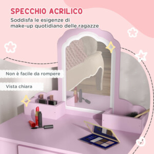 ZONEKIZ Σετ Τουαλέτας για Κορίτσι με Καθρέπτη Μακιγιάζ και Αντίστοιχο Σκαμπό από Ξύλο, Συρτάρι και Θήκες, Ροζ 316-011V80PK - Image 5