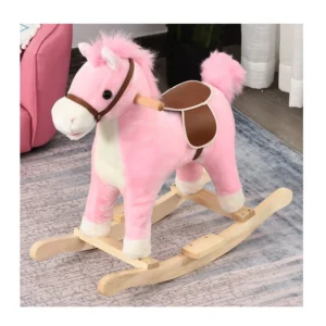 Λούτρινο Κουνιστό Αλογάκι με Μουσική και Ξύλινη Βάση Χρώματος Ροζ HOMCOM 330-109PK - Image 3