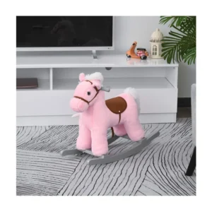 Λούτρινο Κουνιστό Αλογάκι με Μουσική Ξύλινη Βάση και Αρκουδάκι Χρώματος Ροζ HOMCOM 330-118PK - Image 3