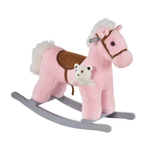 Λούτρινο Κουνιστό Αλογάκι με Μουσική Ξύλινη Βάση και Αρκουδάκι Χρώματος Ροζ HOMCOM 330-118PK - Image 4