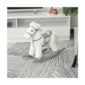 Λούτρινο Κουνιστό Αλογάκι με Μουσική Ξύλινη Βάση και Αρκουδάκι Χρώματος Λευκό HOMCOM 330-118WT - Image 3