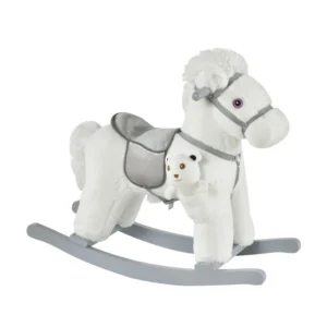 Λούτρινο Κουνιστό Αλογάκι με Μουσική Ξύλινη Βάση και Αρκουδάκι Χρώματος Λευκό HOMCOM 330-118WT - Image 4