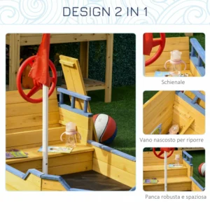 Outsunny Pirate Ship Ξύλινο Sandpit για Παιδιά με Αποθηκευτικό χώρο, 158x78x45,5cm 343-022V01 - Image 3
