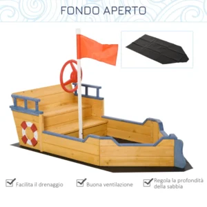 Outsunny Pirate Ship Ξύλινο Sandpit για Παιδιά με Αποθηκευτικό χώρο, 158x78x45,5cm 343-022V01 - Image 4
