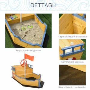 Outsunny Pirate Ship Ξύλινο Sandpit για Παιδιά με Αποθηκευτικό χώρο, 158x78x45,5cm 343-022V01 - Image 5