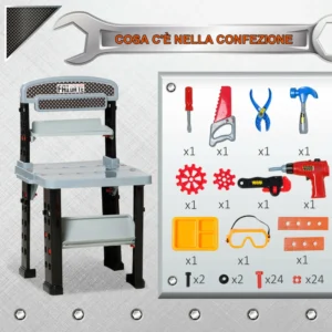 Πάγκος εργασίας HOMCOM 79 τεμαχίων για παιδιά ηλικίας 3 ετών και άνω με ασύρματο τρυπάνι και εργαλεία - Πολύχρωμο 350-131 - Image 3