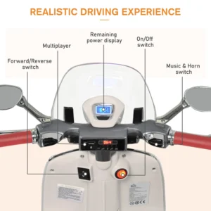 HOMCOM Ηλεκτρική μοτοσυκλέτα για παιδιά με Επίσημη Άδεια Vespa, 2 Τροχοί, Φώτα και Ήχοι, 108x49x75 cm, Λευκό 370-115WT - Image 5