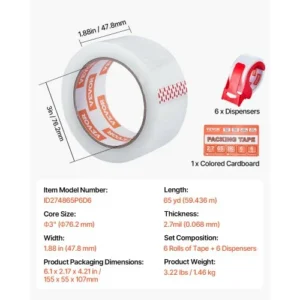 VEVOR Ταινία Συσκευασίας 6 Ρολά 65 Γιάρδες Διαφανής με Διανομέα 2.7 Mil 3YCXFXJDTM6G2L8SQV0 - Image 6