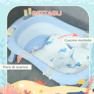 ZONEKIZ Πτυσσόμενη μπανιέρα για παιδιά 0-6 ετών με μαξιλάρι και 2 ράφια, 83x48x23,5 cm, Μπλε και Λευκό 400-019V00BU - Image 5