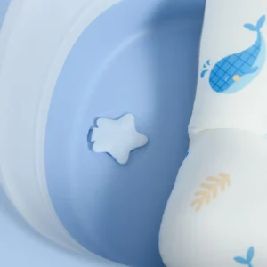 ZONEKIZ Πτυσσόμενη μπανιέρα για παιδιά 0-6 ετών με μαξιλάρι και 2 ράφια, 83x48x23,5 cm, Μπλε και Λευκό 400-019V00BU - Image 6