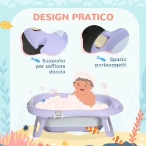 ZONEKIZ Πτυσσόμενη μπανιέρα για παιδιά 0-6 ετών με μαξιλάρι και 2 ράφια, 83x48x23,5 cm, μωβ και λευκό 400-019V00VT - Image 4