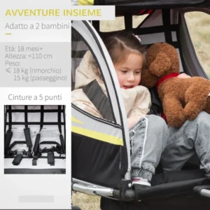 Τρέιλερ και καρότσι ποδηλάτου HOMCOM για 2 παιδιά με ζώνες ασφαλείας και σημαία, κίτρινο 440-026YL - Image 4